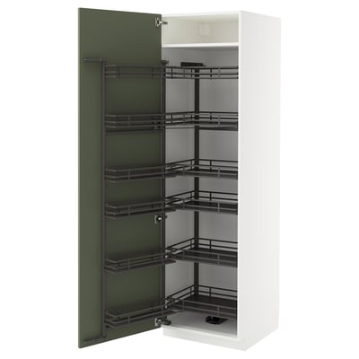 A white METOD kitchen cabinet with multiple pull-out shelves and a green door.