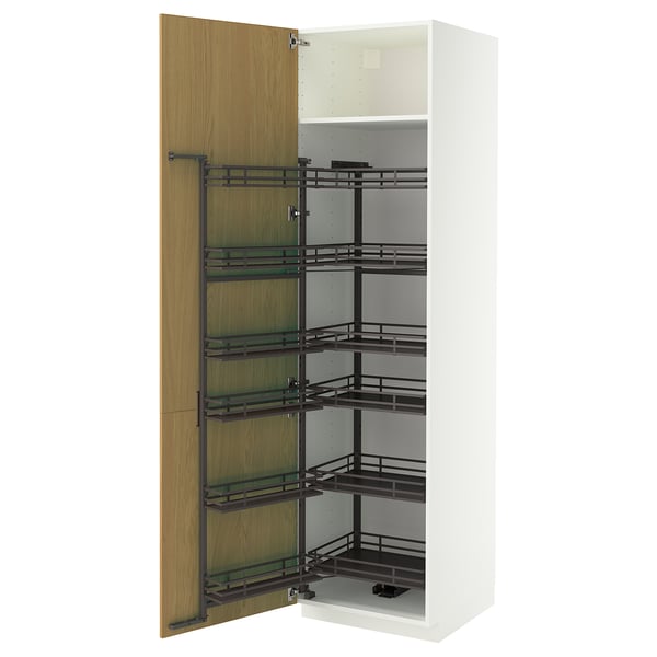 A white METOD kitchen cabinet with pull-out spice racks in black metal.