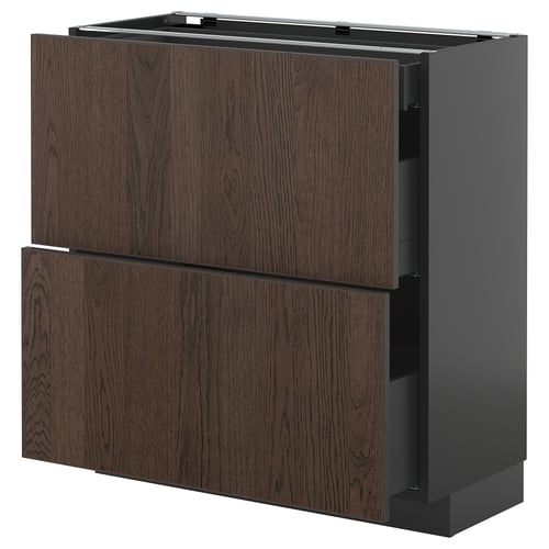 Modern dark brown kitchen cabinet with wood texture and two drawers, featuring sleek handles and a sturdy design.
