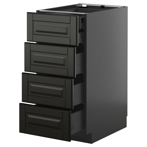 Modern black kitchen cabinet with four drawers and sleek beveled edges.