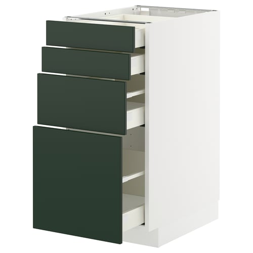 Modern white cabinet with four deep green drawers, sleek handles, and smooth finish.
