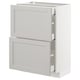 Modern white kitchen cabinet with two open drawers, sleek design, and bevelled edges.