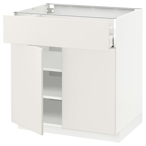 White kitchen cabinet unit, modern design, smooth surfaces, single drawer, adjustable shelves.