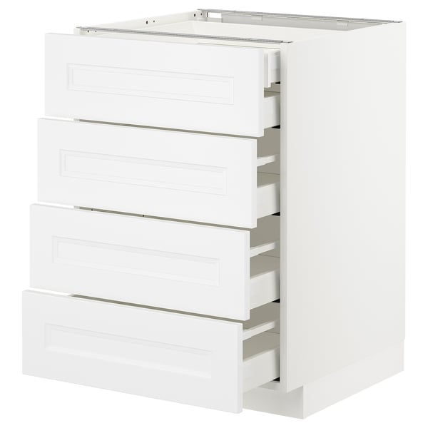 An all-white ikea METOD kitchen storage unit with multiple drawers. It a sleek, modern design with smooth self-closing drawers.