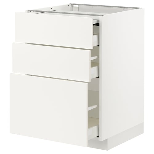 White METOD kitchen unit with 3 drawers and pull-out work surface, glossy finish.