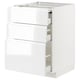 A white, modern kitchen cabinet with three drawers by IKEA. It a high gloss finish and integrated handles, ideal for storing kitchen essentials.