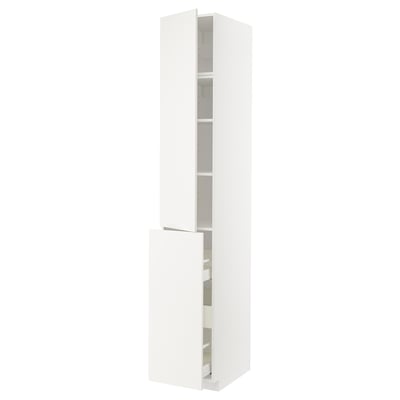 White METOD kitchen cabinet with adjustable shelves and pull-out drawer.