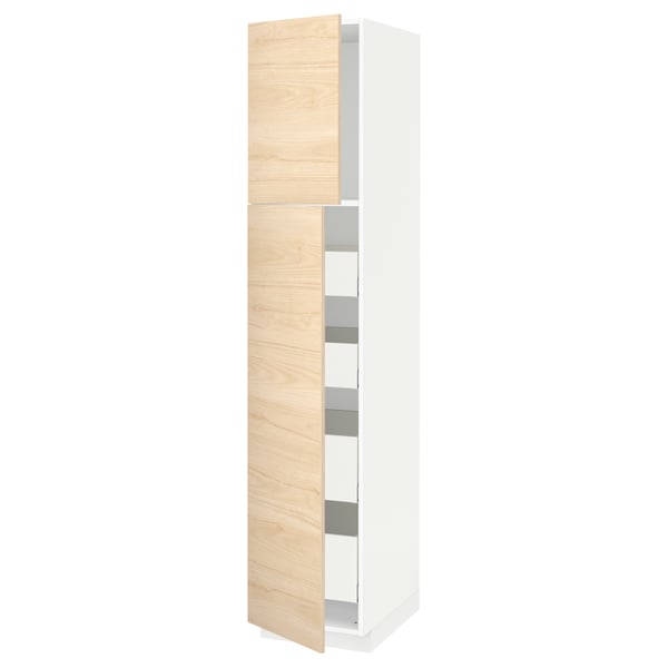 METOD tall white cabinet with light wood doors and silver handles.
