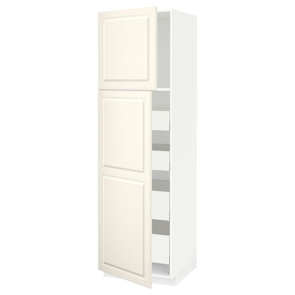White tall kitchen cabinet with off-white beveled doors, two adjustable shelves inside, part of the METOD system.