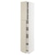 A tall, slim, white METOD kitchen cabinet with beige doors and multiple shelves, offering abundant storage.