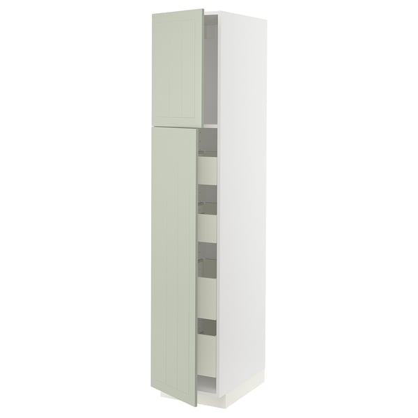 White METOD cabinet with green doors, open and closed sections.