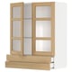 Modern kitchen cabinet with oak veneer-wood effect, frosted glass, three shelves, and pullout drawers.