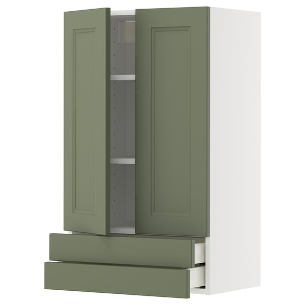 Ikea METOD kitchen cabinet in green with drawers and shelf.