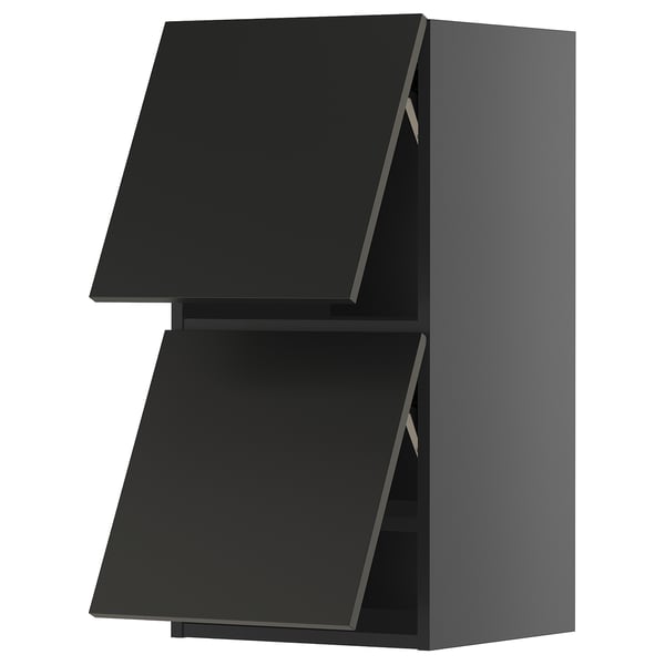 Black modern wall-mounted kitchen cabinet with flat panels and minimalist design.