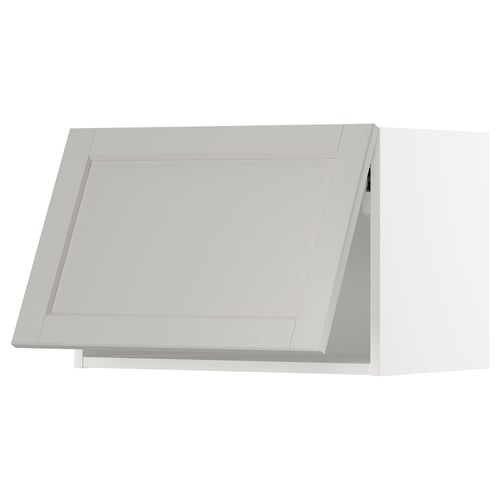 Modern kitchen cabinet in light grey with beveled edges.