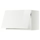 A high gloss white wall cabinet from the IKEA METOD kitchen system. Its rectangular with a sleek, modern design and a gently closing hinged door.