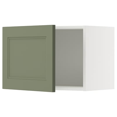 Ikea METOD kitchen cabinet in grey-green with square door and hinged side, set against a white background.