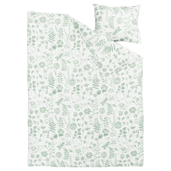 NÅLBJÖRNBÄR bedding set: white/green floral print, soft cotton-viscose fabric, rectangular shape with pillowcase.