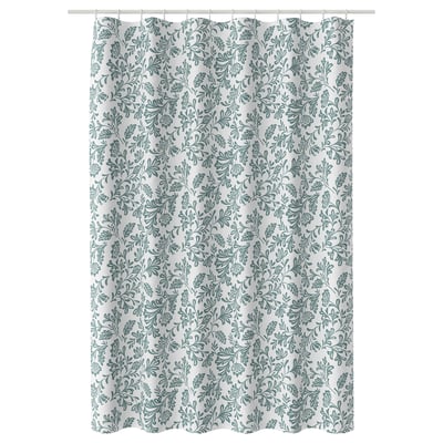 NAPELTYNNE shower curtain, grey-blue with leaf pattern, rectangular, recycled polyester.