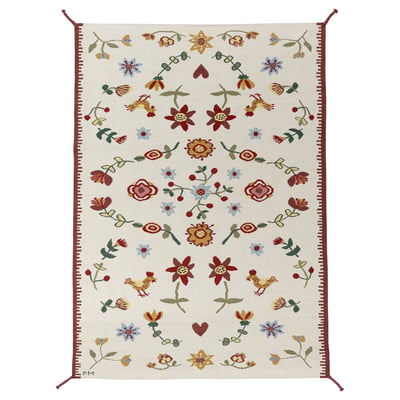 Swedish folklore rug, NICKGRÄS, florals on cream, red braids, wool & cotton
