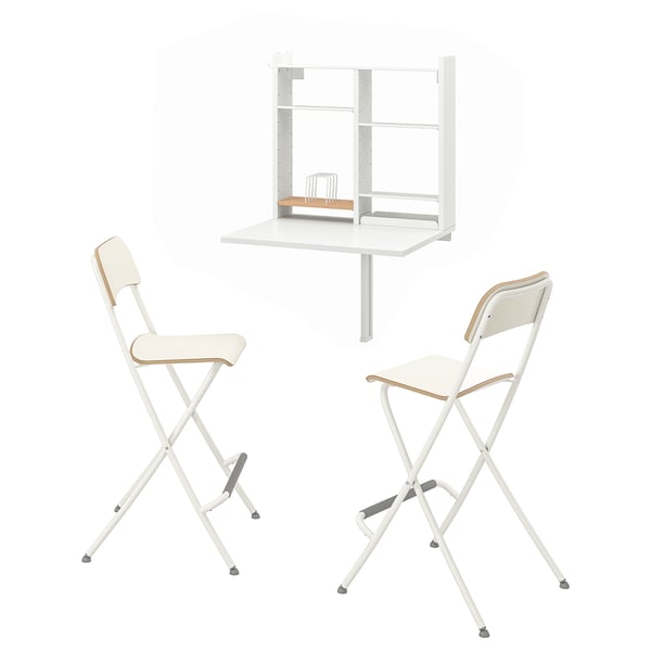 Minimalist white foldable dining set with storage unit and 2 chairs.