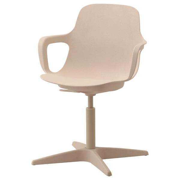 Modern beige chair with curved back and arms, light brown base, swivelling design.