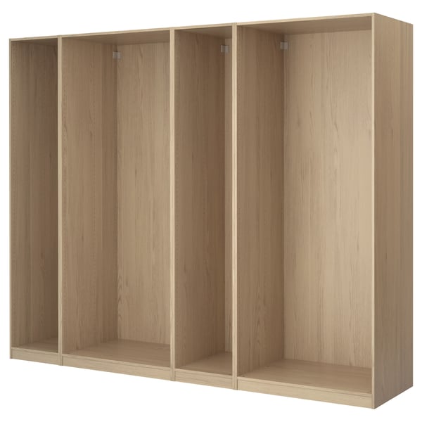 Light oak PAX wardrobe, particleboard with paper foil finish, open compartments.