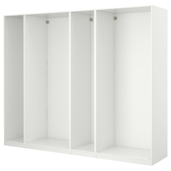White PAX wardrobe with empty compartments, modern design and adjustable feet.