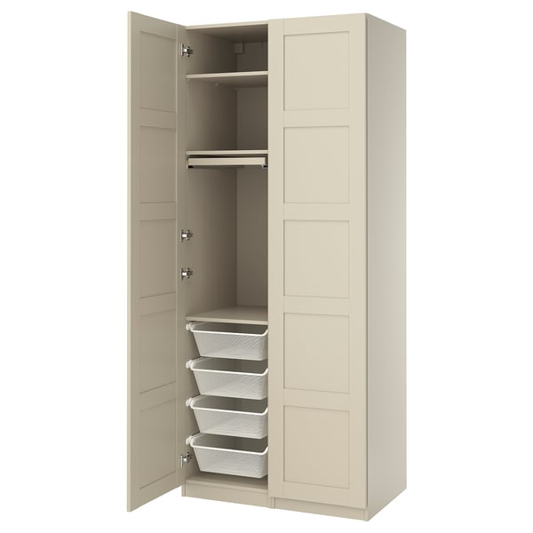 Beige PAX wardrobe with white wire baskets & hangers.