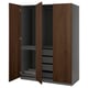 Modern PAX wardrobe in dark brown wood, with grey interior, open doors, shelves, and drawers.