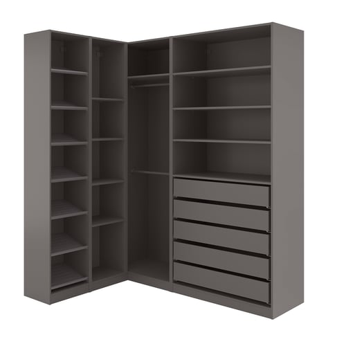 A gray corner wardrobe unit, PAX, with multiple shelves and drawers for storage.