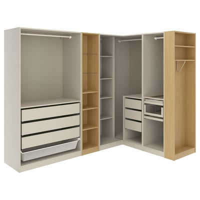 PAX Corner wardrobe, grey-beige grey-beige/oak effect, 245/180x201 cm