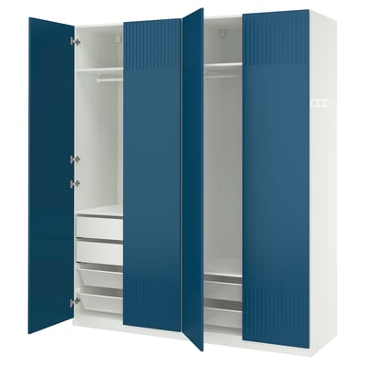 Blue PAX wardrobe: two open doors reveal white shelves and drawers. Modern design with textured doors.