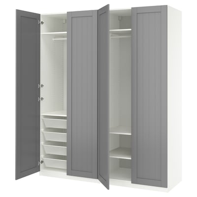 PAX wardrobe in light grey with open doors, featuring shelves and drawers for storage.