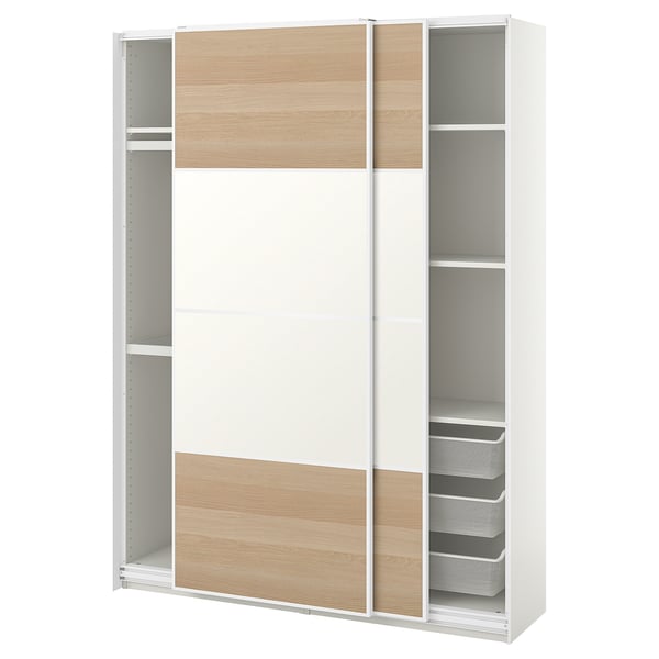 PAX wardrobe, white and oak, sliding doors, metal and wood finish, rectangular, modern design.