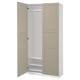 A beige PAX wardrobe with both doors open, revealing an empty interior. It has a minimalist design with clean lines and a painted finish.