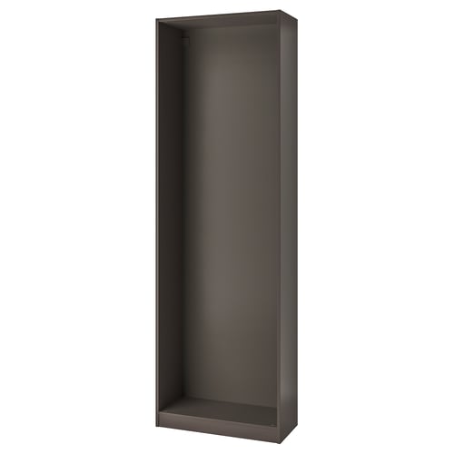 Dark grey PAX wardrobe frame, narrow and simple, made from paper foil and particleboard, awaits customization.