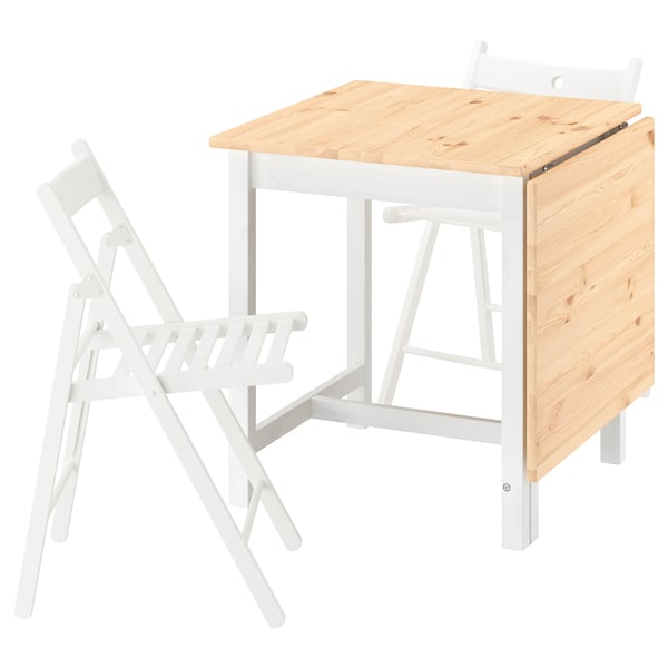 PINNTORP / FRÖSVI Table and 2 folding chairs, light brown stained white/pine white, 67/124x75 cm