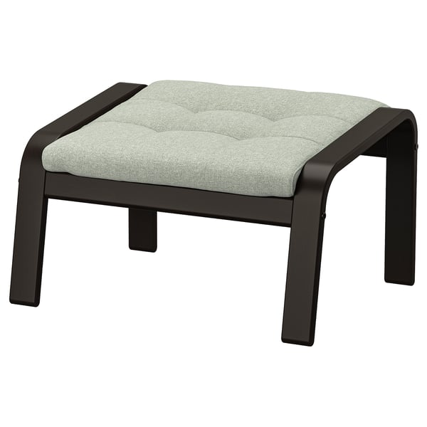 Ikea POÄNG footstool: black wooden frame, light grey cushion, square shape.