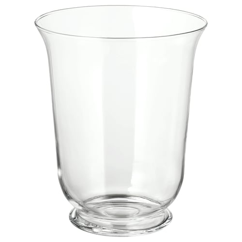 A POMP clear glass vase lantern. It has an elegant, curved shape and is mouth-blown, giving it a unique, handcrafted appearance.
