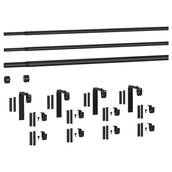 Black RÄCKA curtain rod set - includes rods, brackets, and finials.