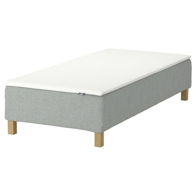 RENFJÄLLET mattress: white, soft, grey fabric, rectangular, wooden legs.