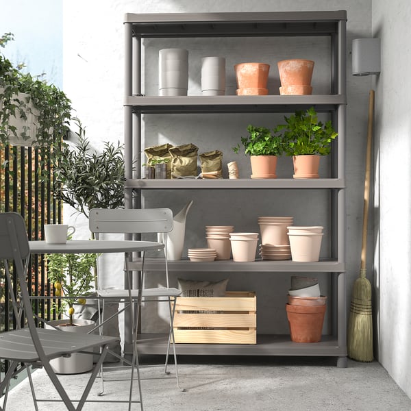 RUNMARÖ grey shelving unit stores plant pots & supplies, fits in small spaces, durable plastic.