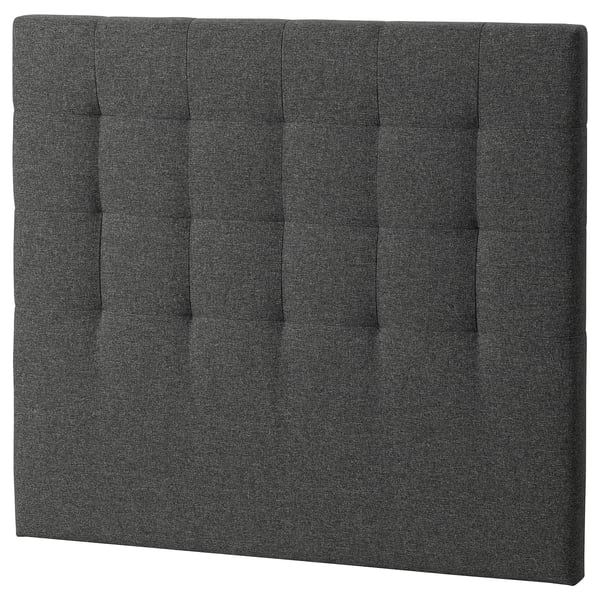 Dark grey RYKKINN upholstered headboard, rectangular with sew lines, soft fabric.