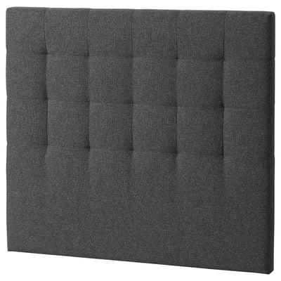 Dark grey RYKKINN upholstered headboard, rectangular with sew lines, soft fabric.