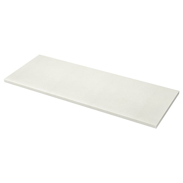 A SÄLJAN kitchen worktop in light grey stone effect with white base and rounded edges, made of laminate.