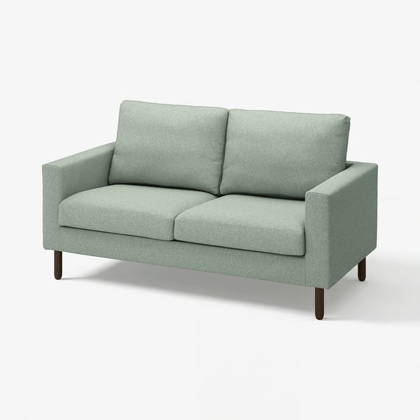 Light green modern sofa, wooden legs, plush cushions, minimalist design.