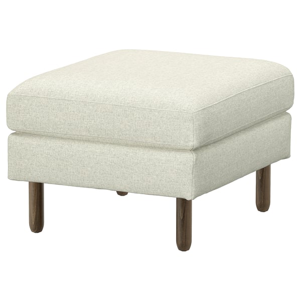SALTSJÖBADEN footstool, light beige, upholstered fabric over solid wood, square, sleek design.