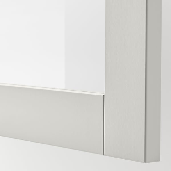 Modern light grey cabinet with glass door, sleek design.