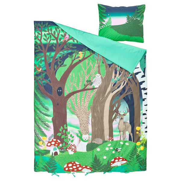 Woodland creatures & mushrooms bedding, blue-green cotton-viscose.